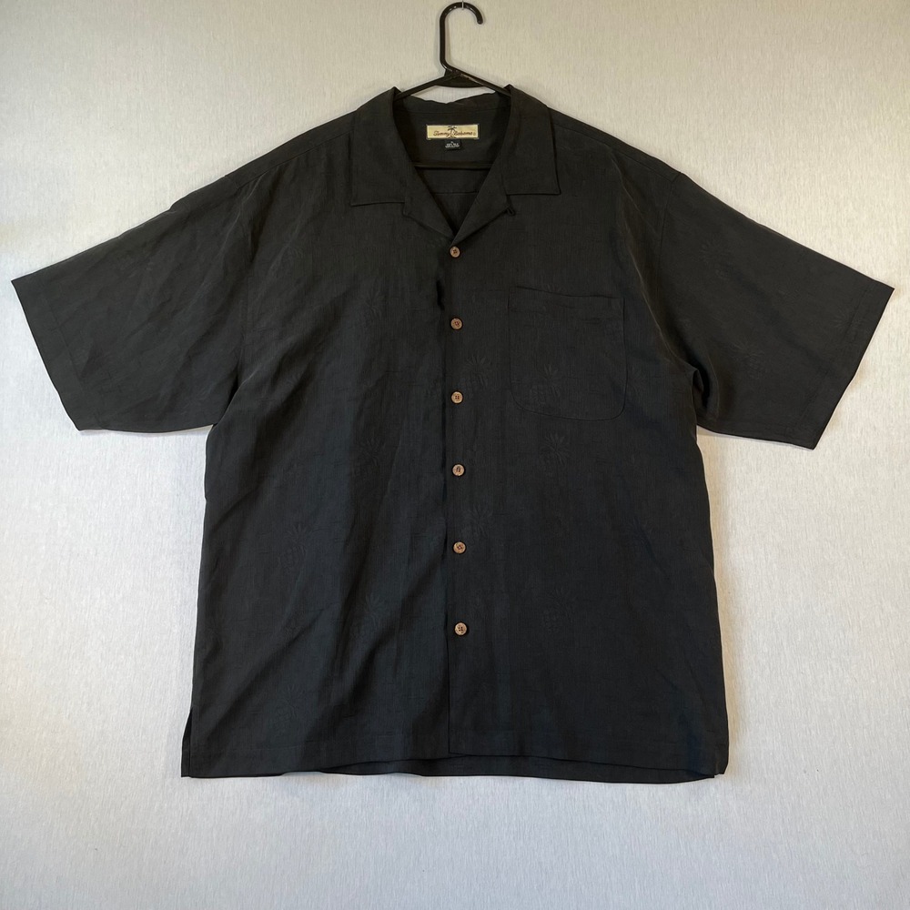 Tommy Bahama Mens XL Black 100% Silk Jacquard Pineapple Camp Shirt Short Sleeve